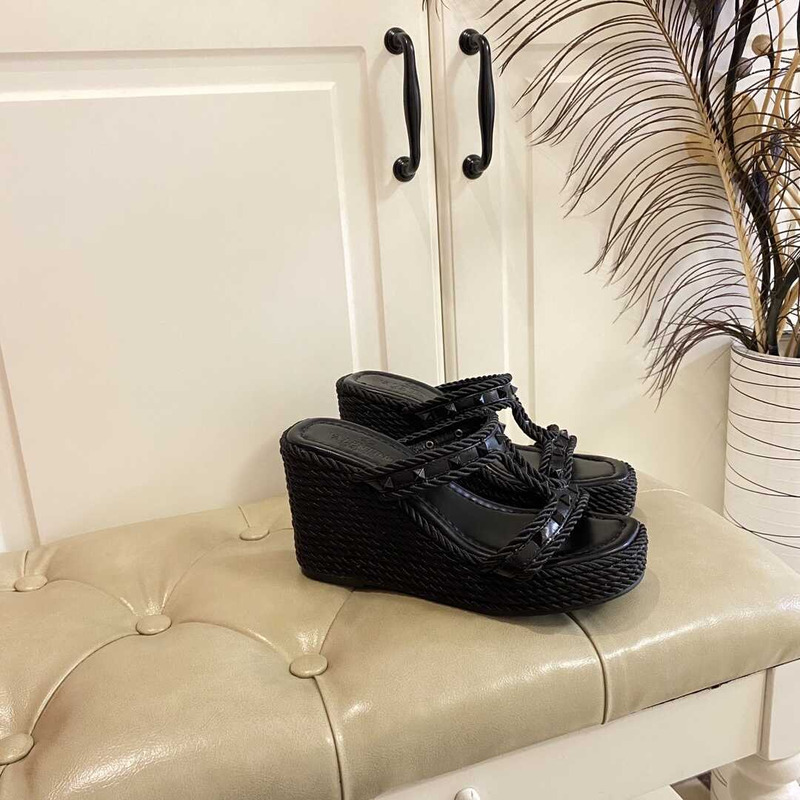 Valentino Garavani Rockstud Torchon Espadrille Wedge Sandals Black