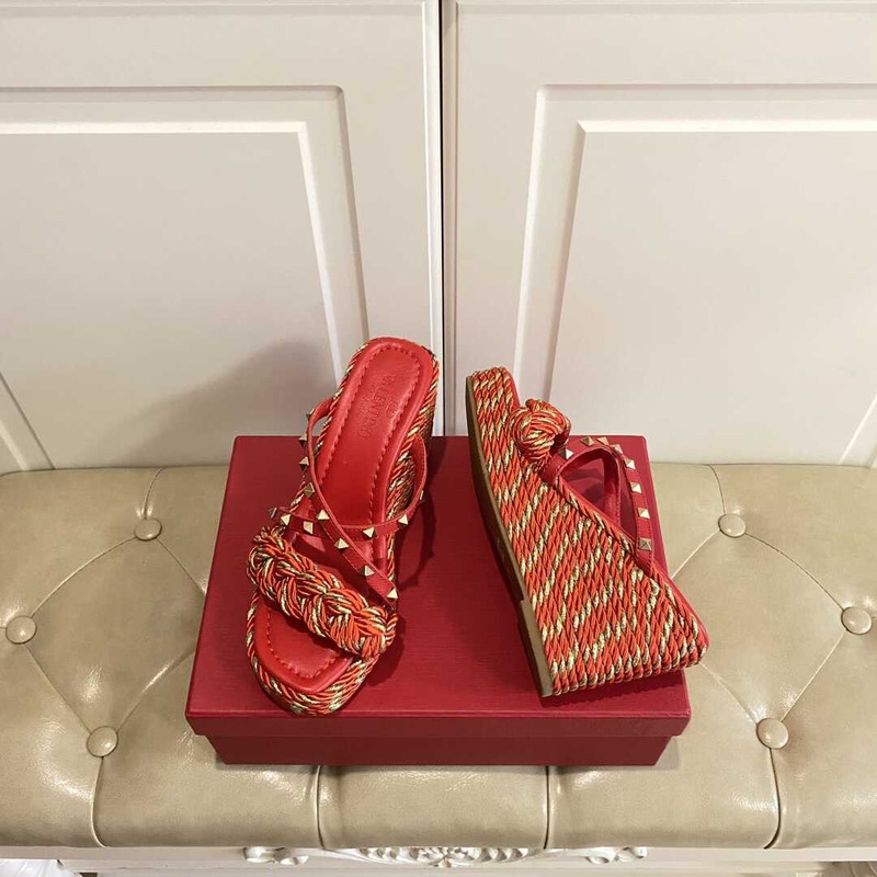 Valentino Garavani Rockstud Torchon Espadrille Wedge Sandals Red And Gold