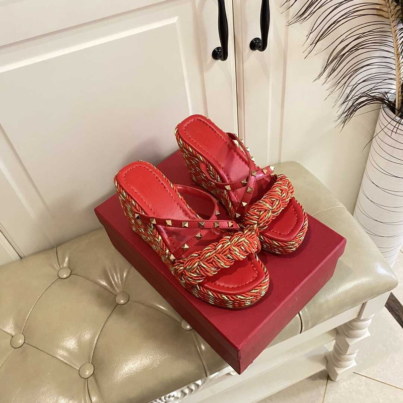 Valentino Garavani Rockstud Torchon Espadrille Wedge Sandals Red And Gold