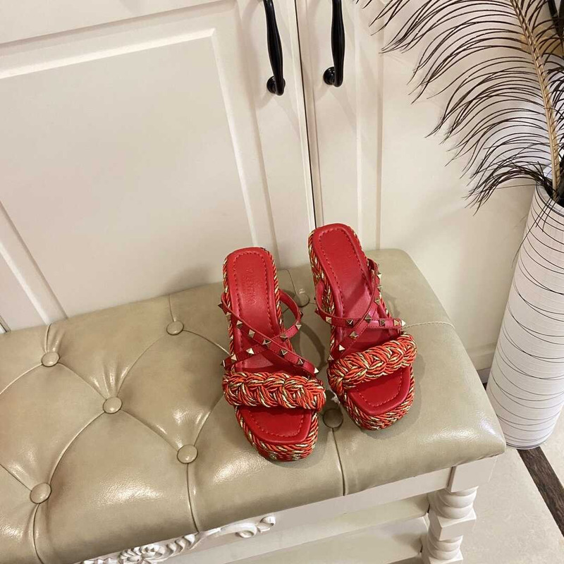 Valentino Garavani Rockstud Torchon Espadrille Wedge Sandals Red And Gold