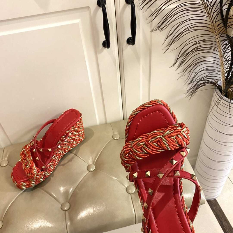 Valentino Garavani Rockstud Torchon Espadrille Wedge Sandals Red And Gold