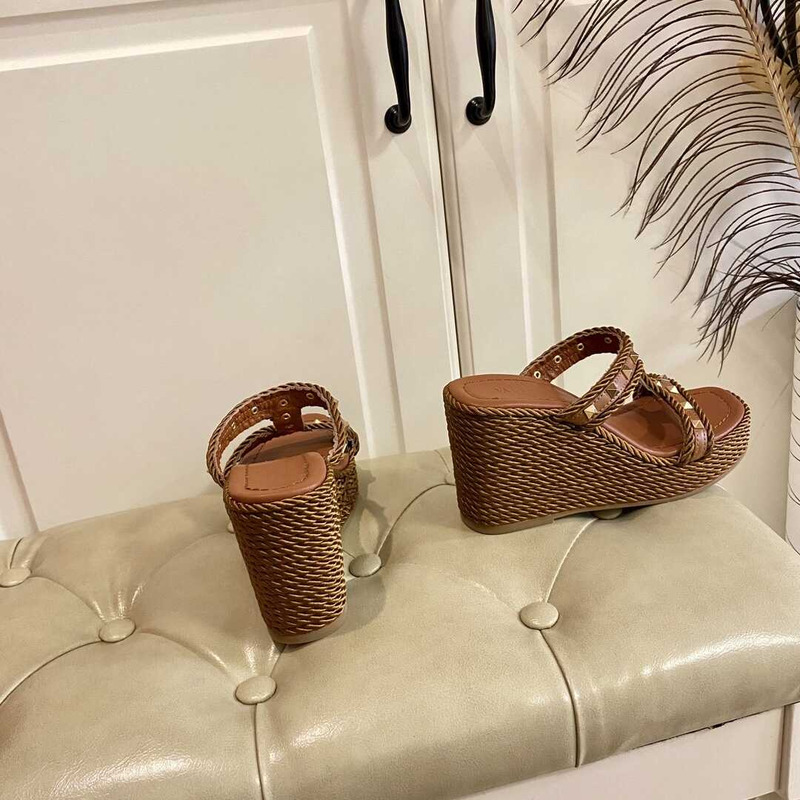 Valentino Garavani Rockstud Wedge Sandals Caramel