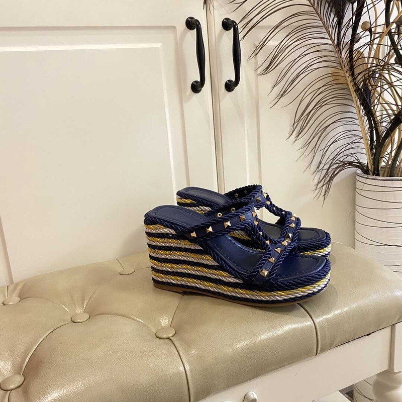 Valentino Garavani Rockstud Wedge Sandals Navy Blue