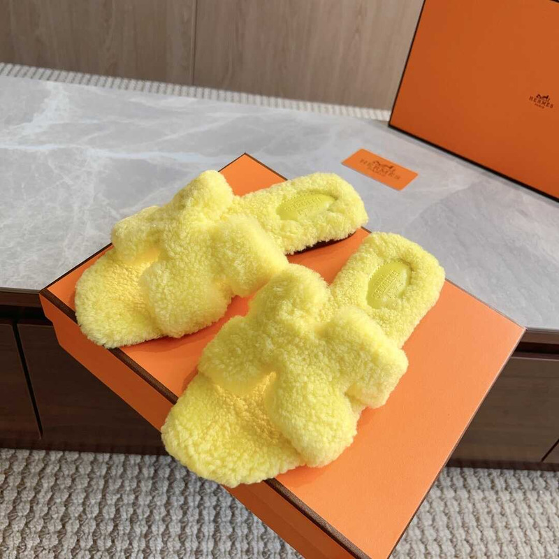 H**mes classic h faux fur slippers yellow