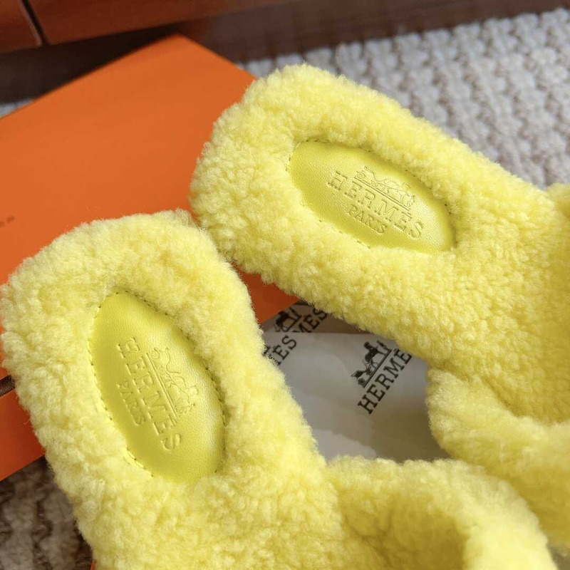 H**mes classic h faux fur slippers yellow