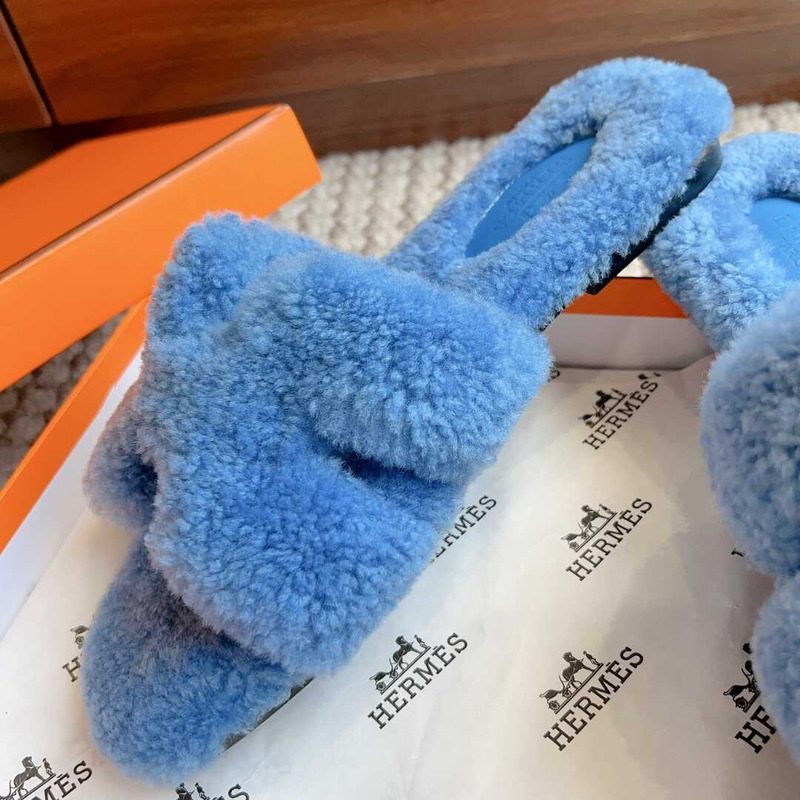 H**mes classic h faux fur slippers blue