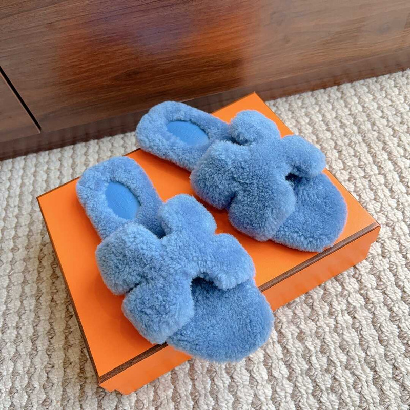 H**mes classic h faux fur slippers blue