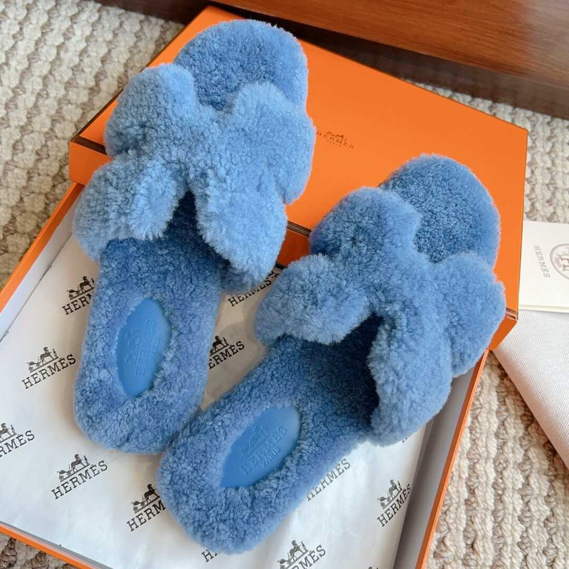 H**mes classic h faux fur slippers blue