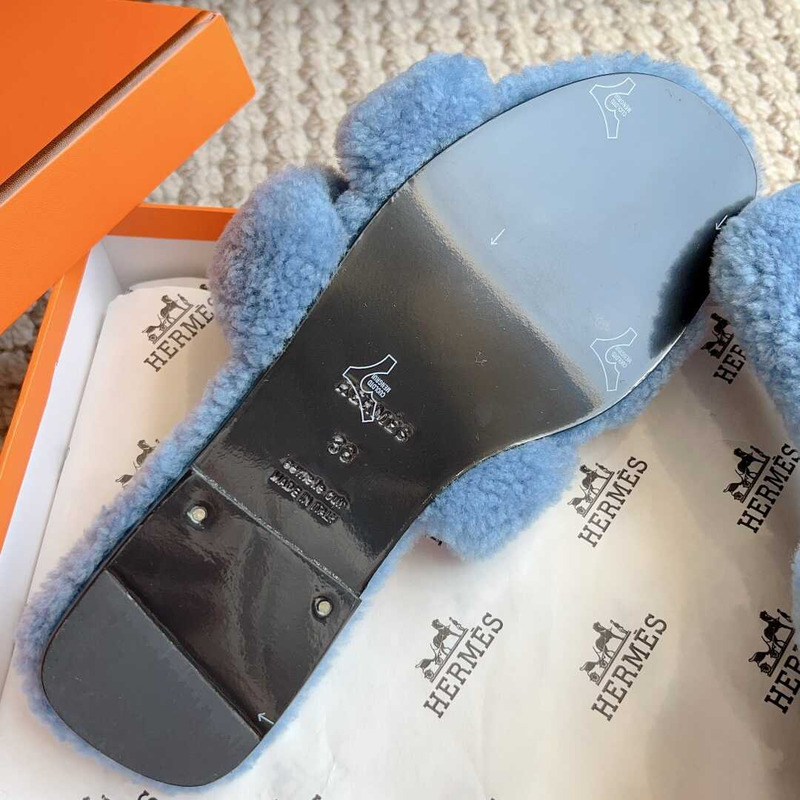 H**mes classic h faux fur slippers blue