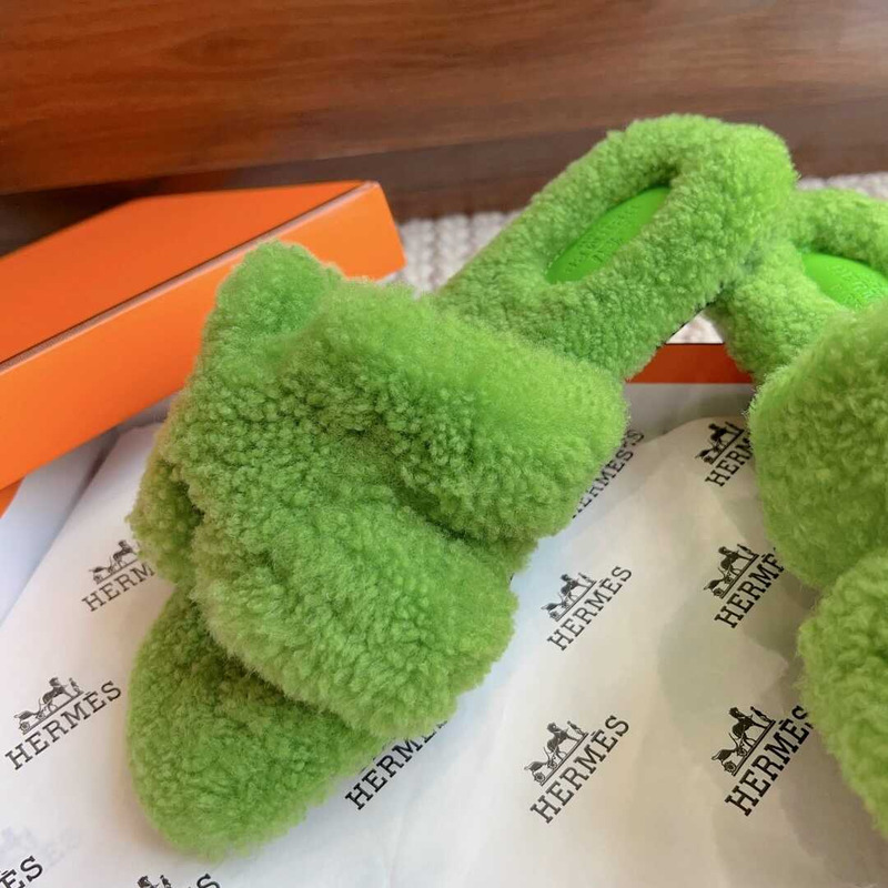 H**mes classic h faux fur slippers light green