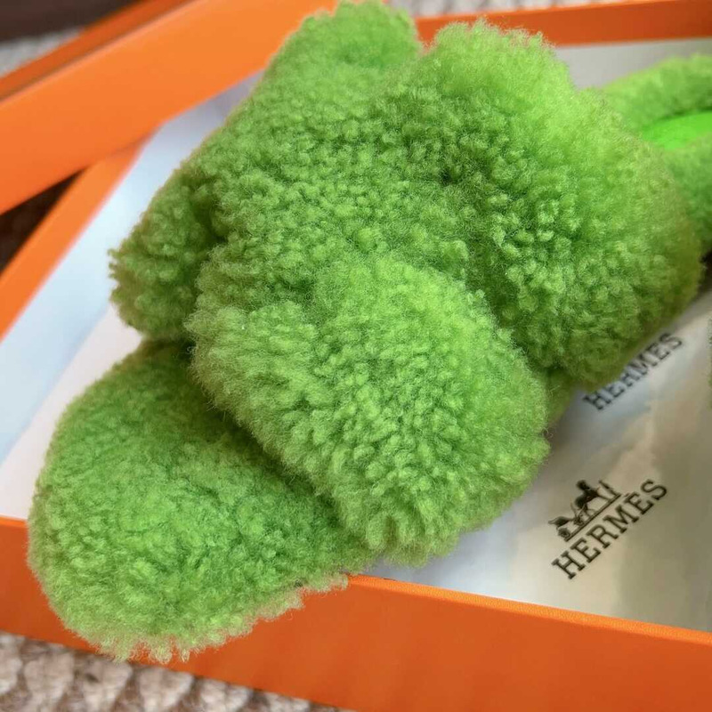 H**mes classic h faux fur slippers light green