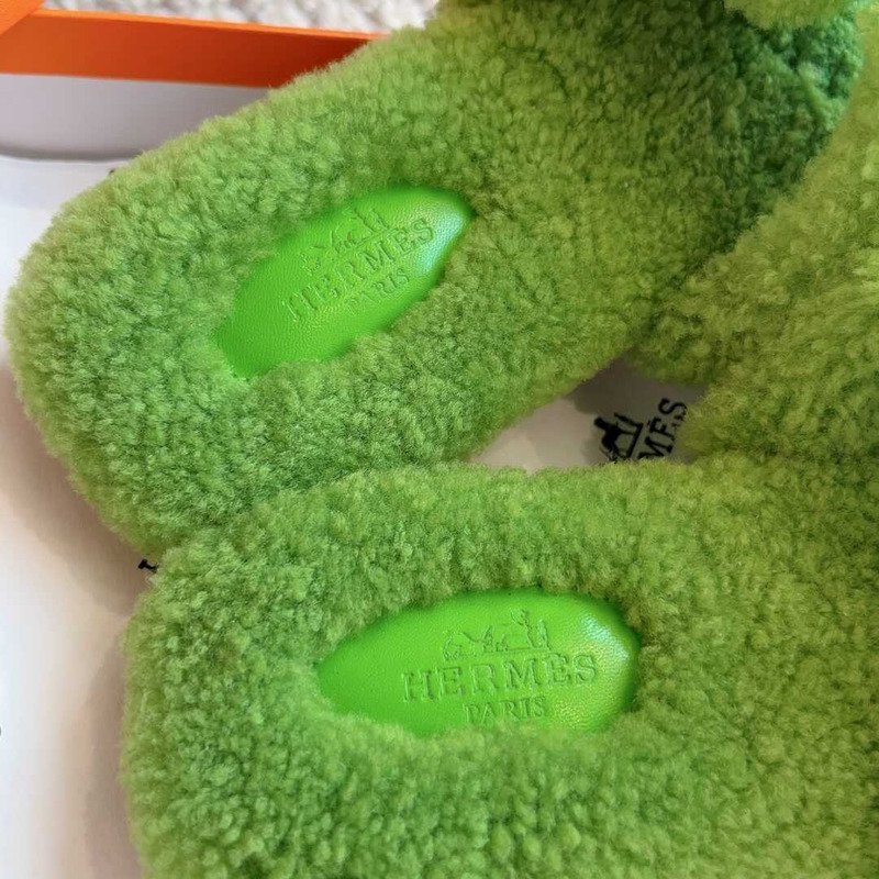 H**mes classic h faux fur slippers light green