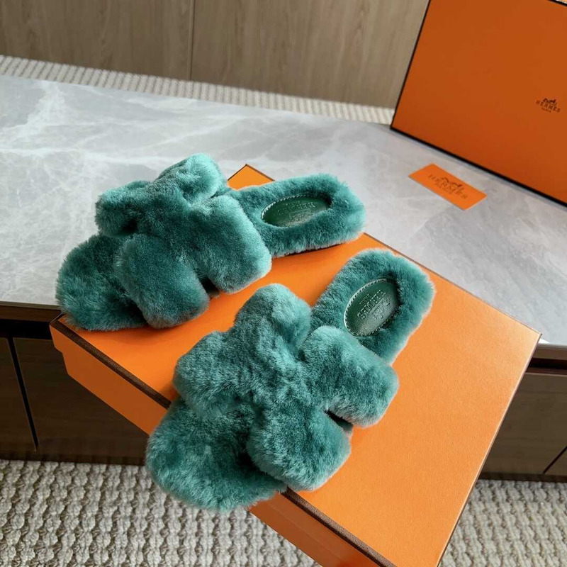 H**mes classic h faux fur slippers dark green