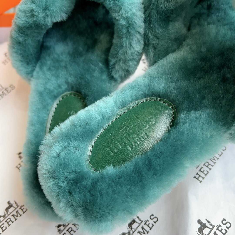 H**mes classic h faux fur slippers dark green