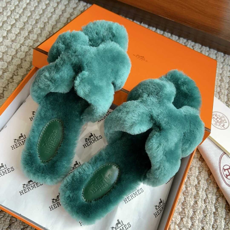 H**mes classic h faux fur slippers dark green