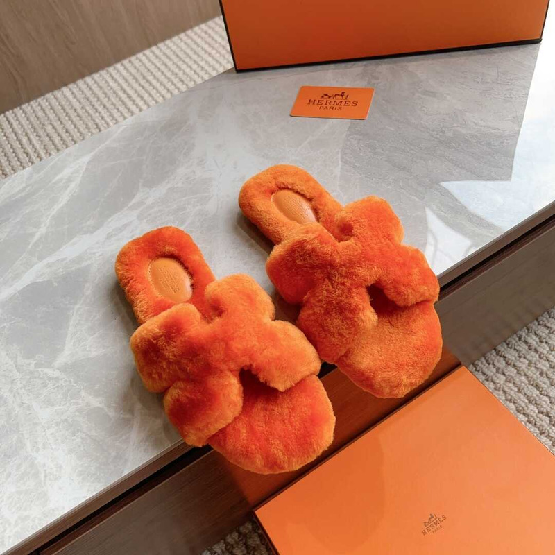 H**mes classic h faux fur slippers orange