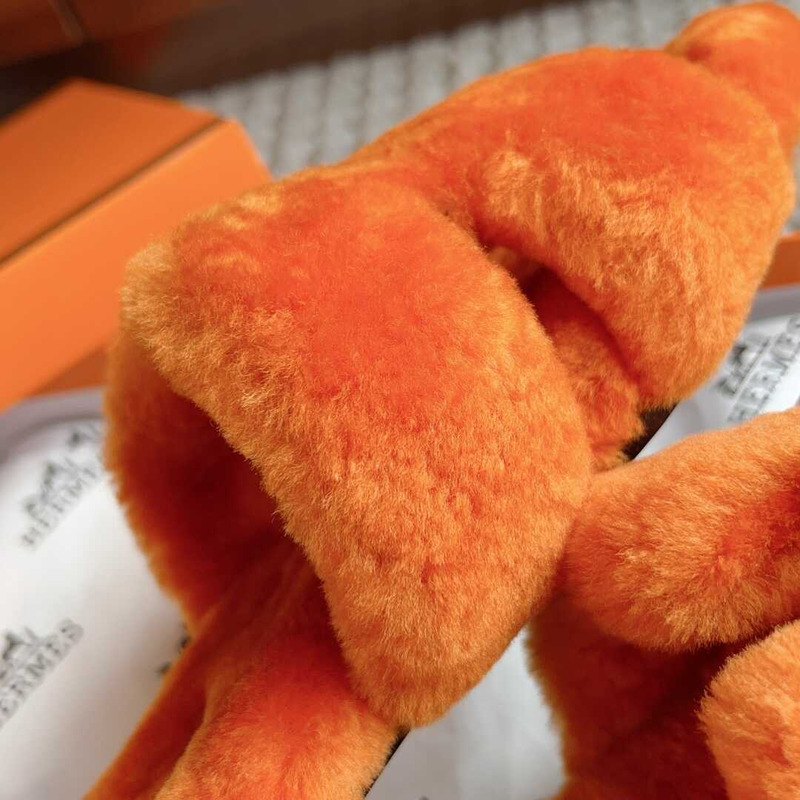 H**mes classic h faux fur slippers orange