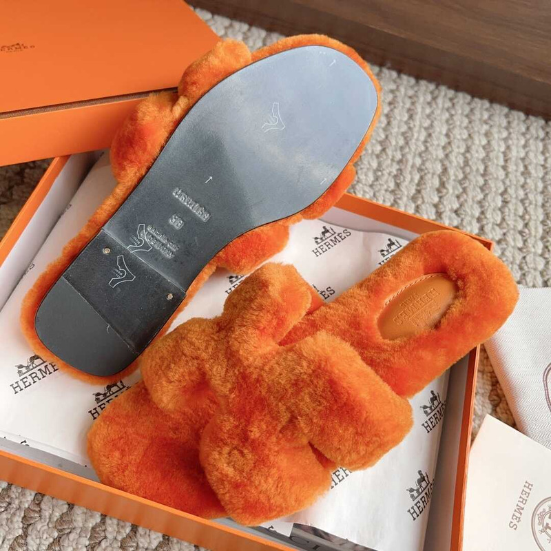 H**mes classic h faux fur slippers orange