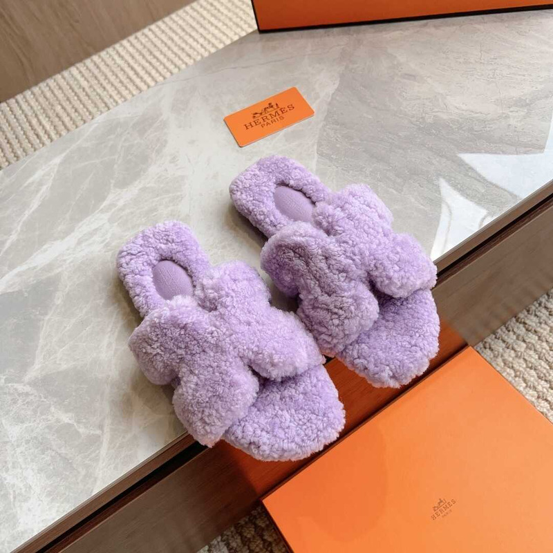 H**mes classic h faux fur slippers purple