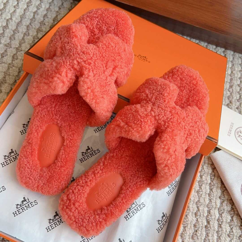 H**mes classic h faux fur slippers orange red