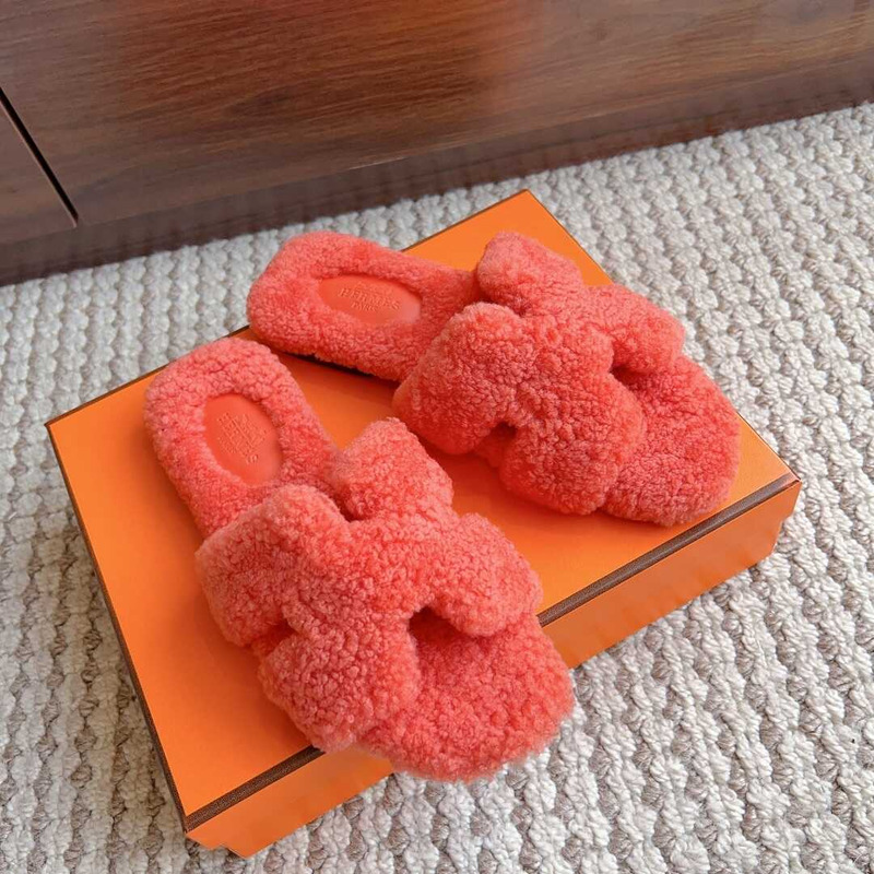 H**mes classic h faux fur slippers orange red