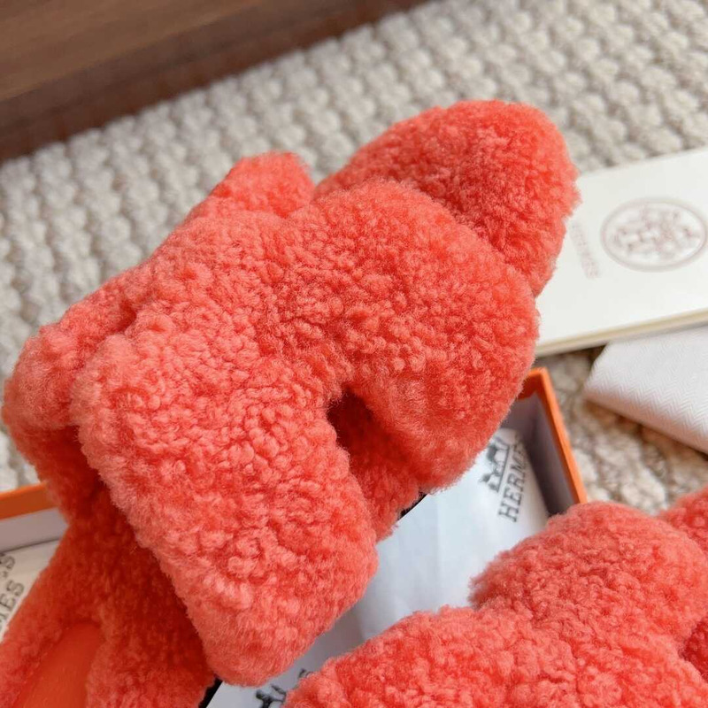 H**mes classic h faux fur slippers orange red