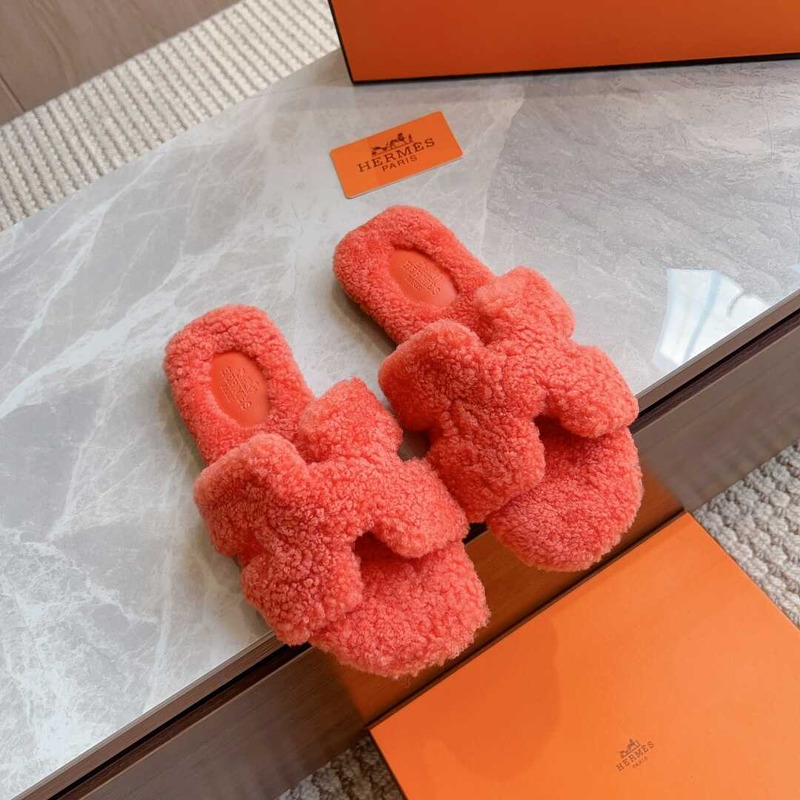 H**mes classic h faux fur slippers orange red