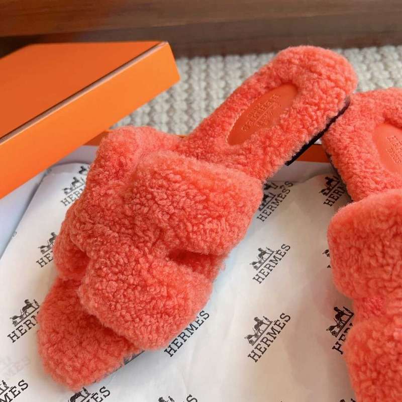 H**mes classic h faux fur slippers orange red