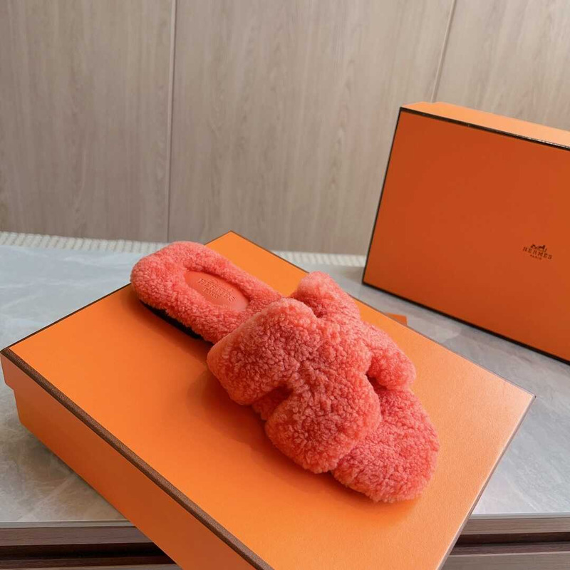 H**mes classic h faux fur slippers orange red