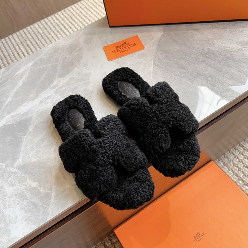 H**mes classic h faux fur slippers black