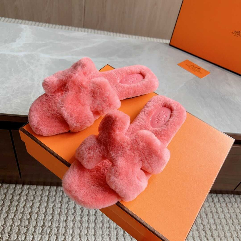 H**mes classic h faux fur slippers coral red