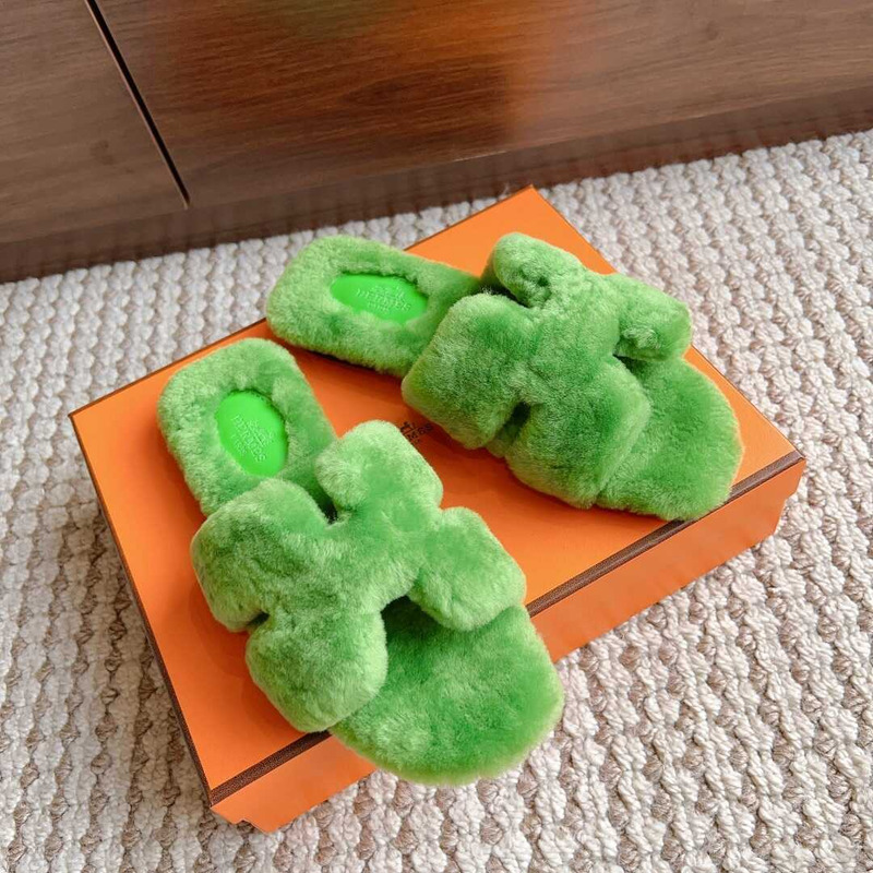 H**mes classic h faux fur slippers light green