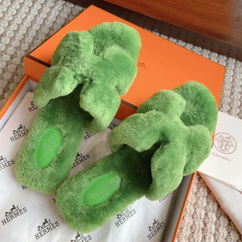 H**mes classic h faux fur slippers light green