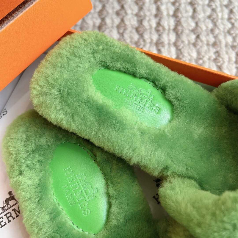 H**mes classic h faux fur slippers light green