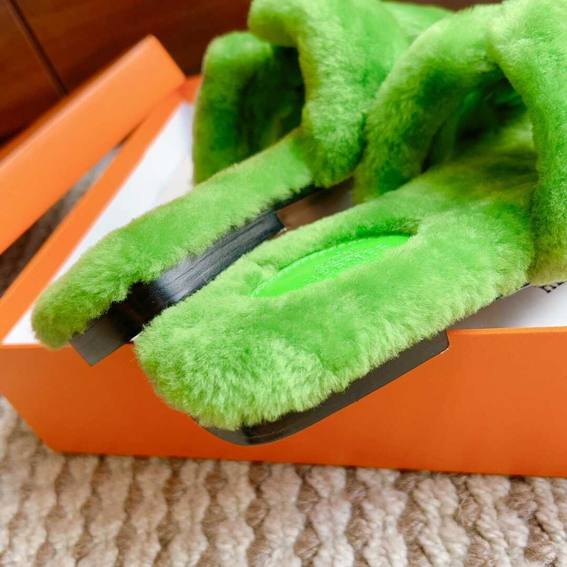 H**mes classic h faux fur slippers light green