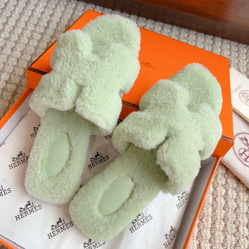 H**mes classic h faux fur slippers pale green