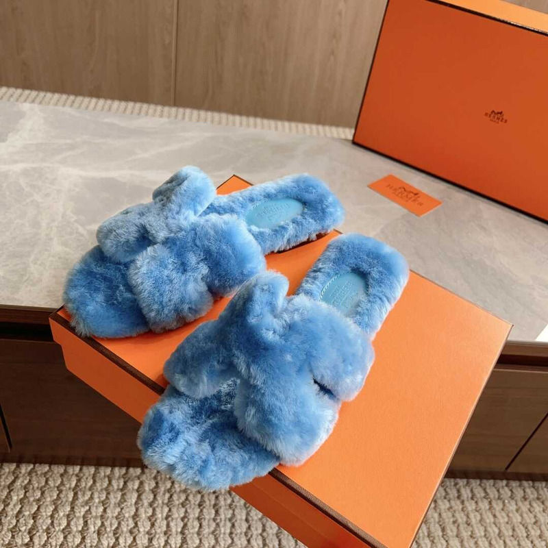 H**mes classic h faux fur slippers blue