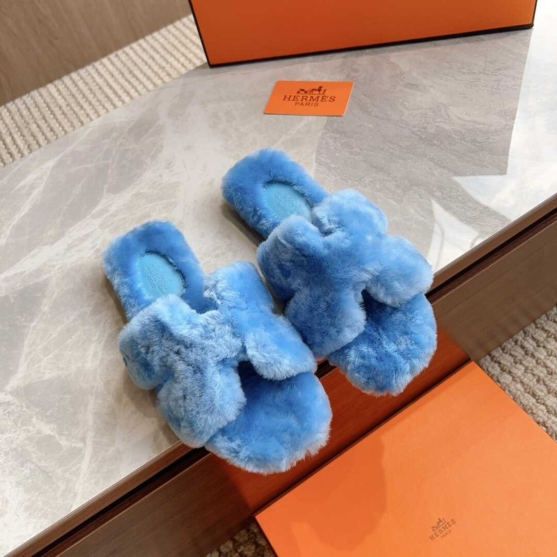 H**mes classic h faux fur slippers blue