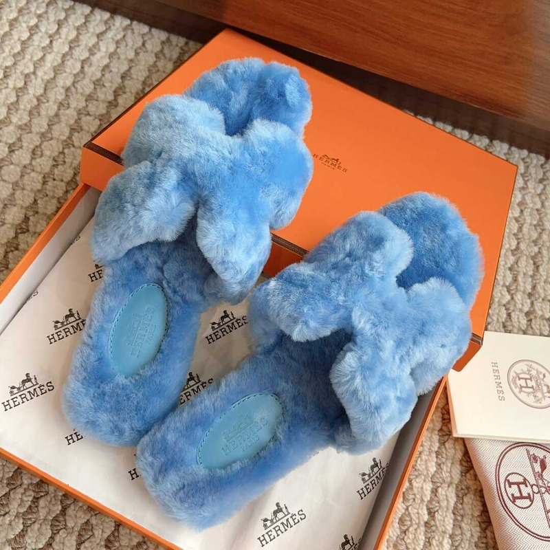 H**mes classic h faux fur slippers blue