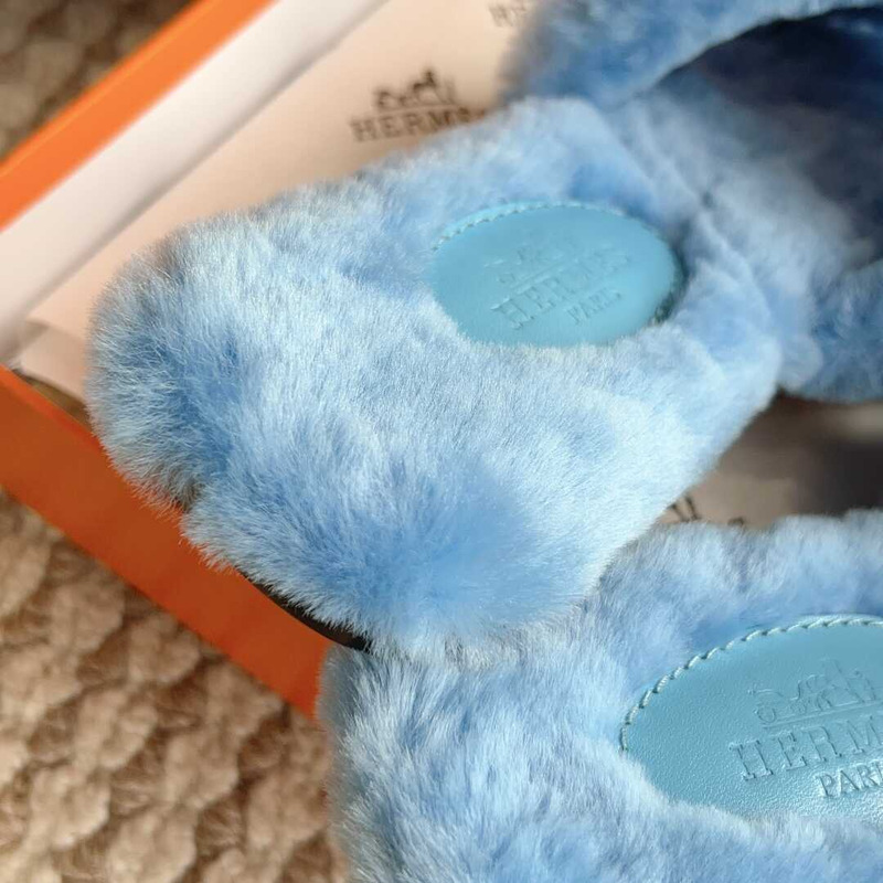 H**mes classic h faux fur slippers blue