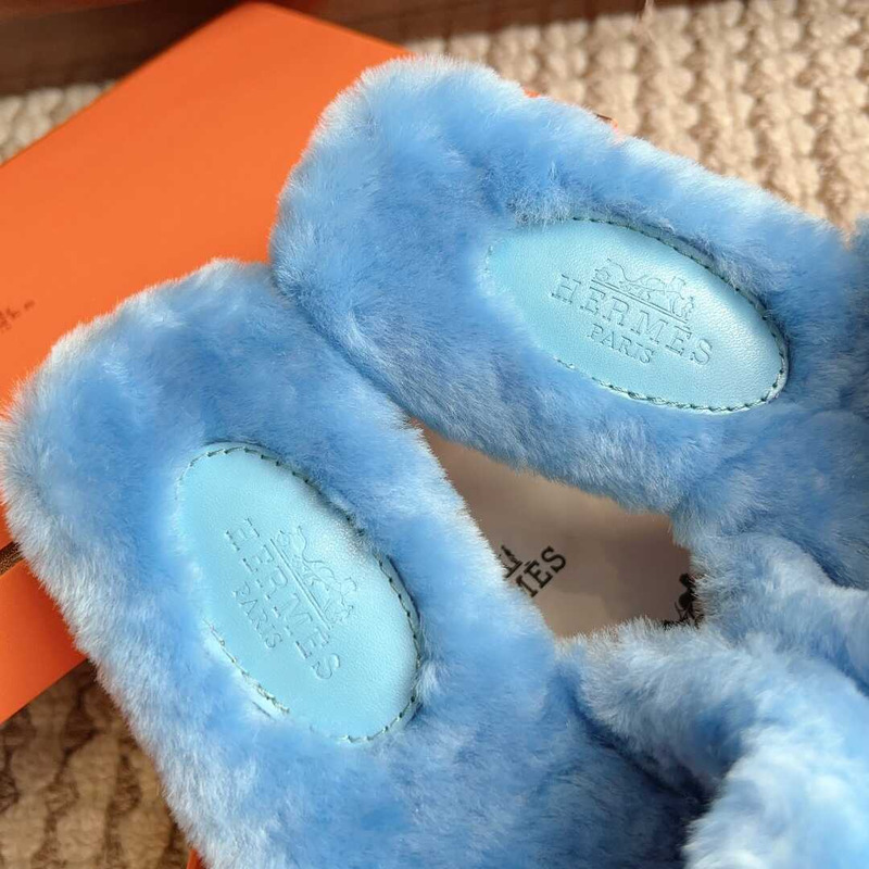 H**mes classic h faux fur slippers blue