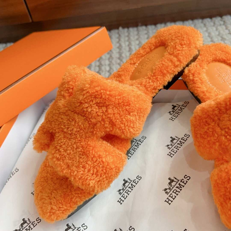 H**mes classic h faux fur slippers orange