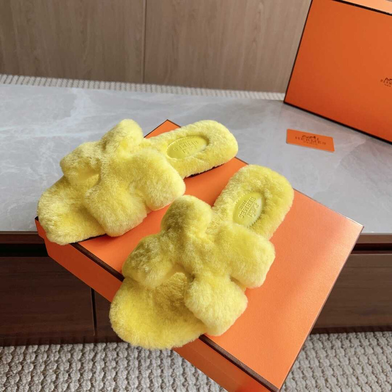 H**mes classic h faux fur slippers yellow