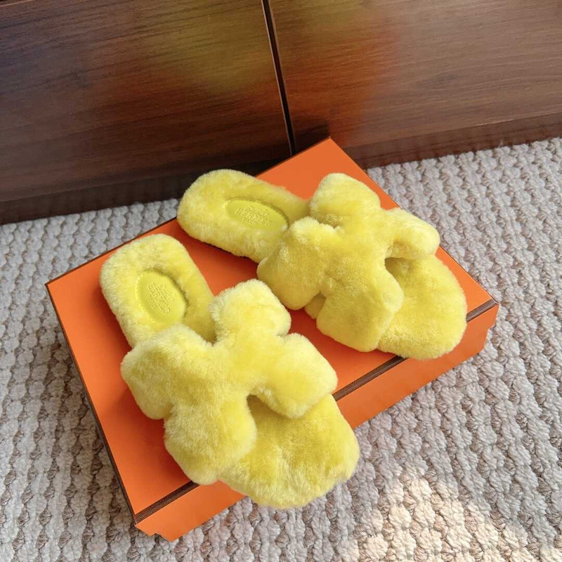 H**mes classic h faux fur slippers yellow