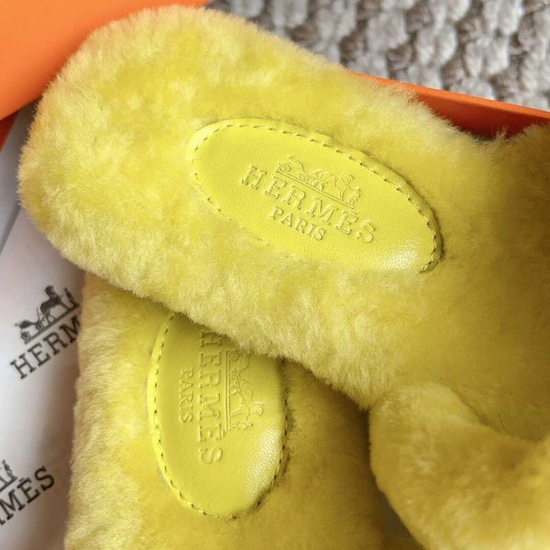 H**mes classic h faux fur slippers yellow