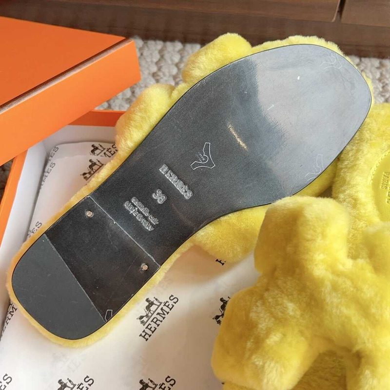 H**mes classic h faux fur slippers yellow