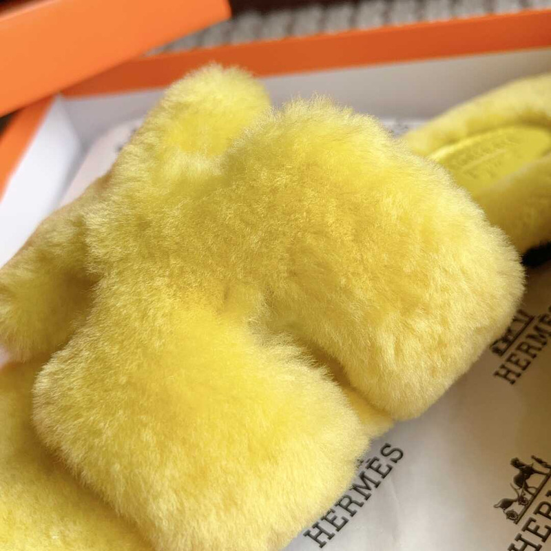 H**mes classic h faux fur slippers yellow