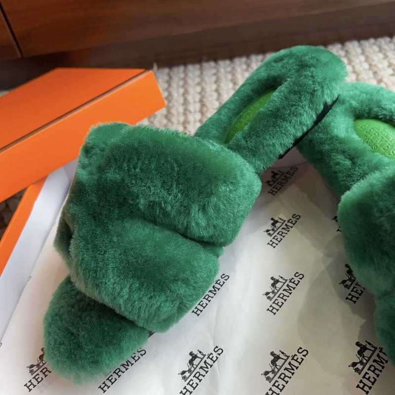 H**mes classic h faux fur slippers green