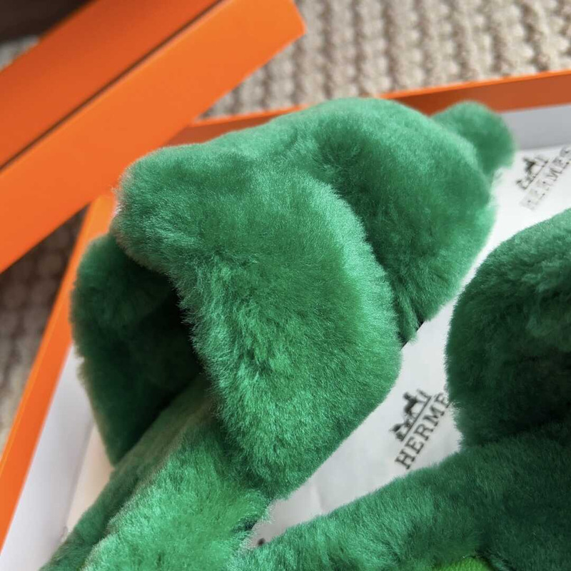 H**mes classic h faux fur slippers green