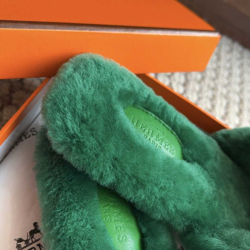 H**mes classic h faux fur slippers green